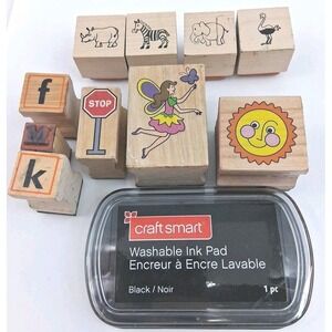 Rubber Stamps Lot of 10 Assorted Brands Fairy Sun Animals Letters With Ink‎ Pad